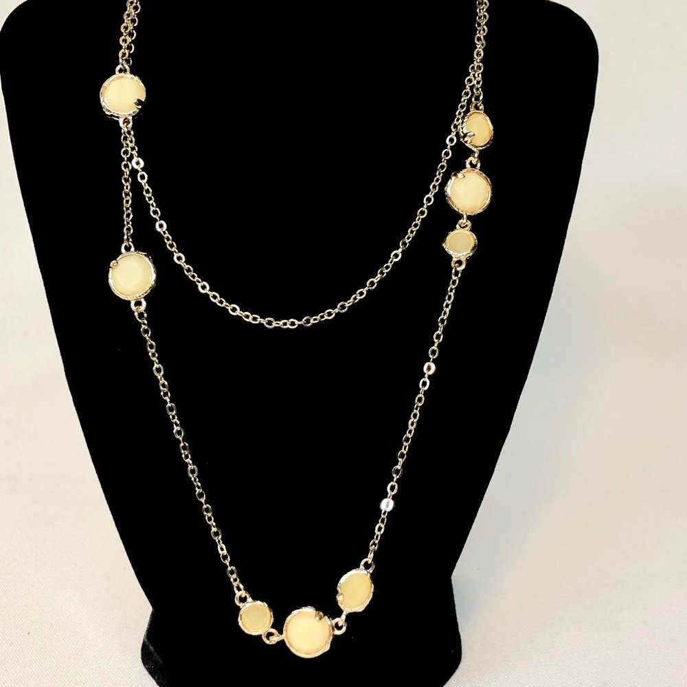 Long gold necklace,faceted yellow beads, doubleup